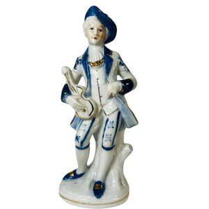 Vtg Korean Porcelain Figurine Of Musician Guitar Blue White Hand Painted‎ Decor